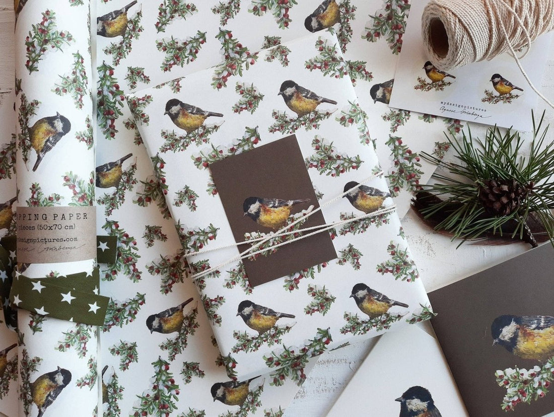Geschenkpapier, Motiv: Tit Bird, Weiß, 3 Stück - The Baltic Shop