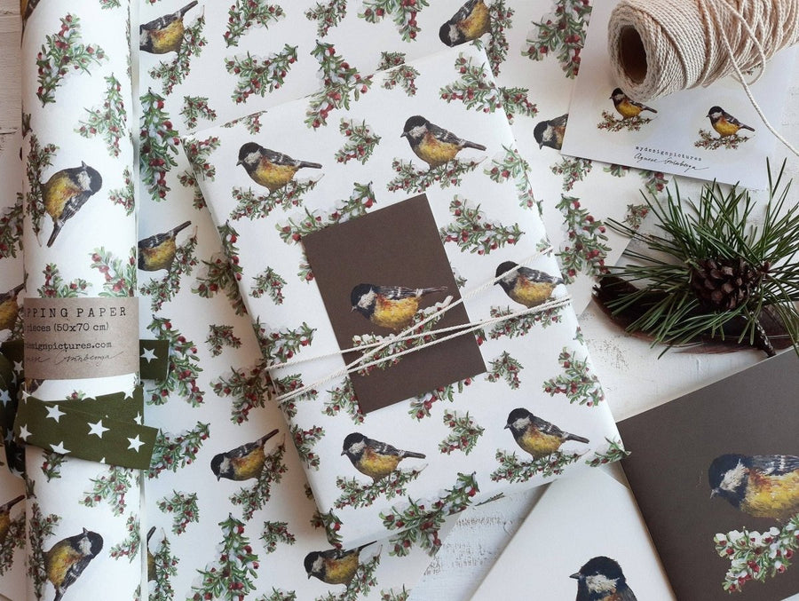 Geschenkpapier, Motiv: Tit Bird, Weiß, 3 Stück - The Baltic Shop