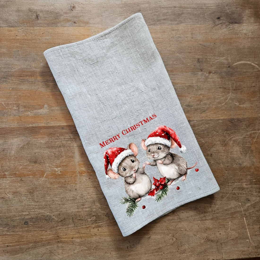 Geschirrtuch aus Leinen mit Weihnachtliche Mäuse Motiv - The Baltic Shop