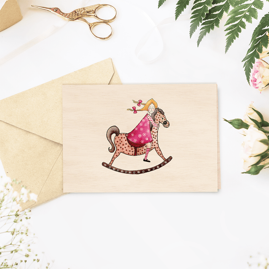 Grußkarte aus Holz - Schaukelpferd - The Baltic Shop