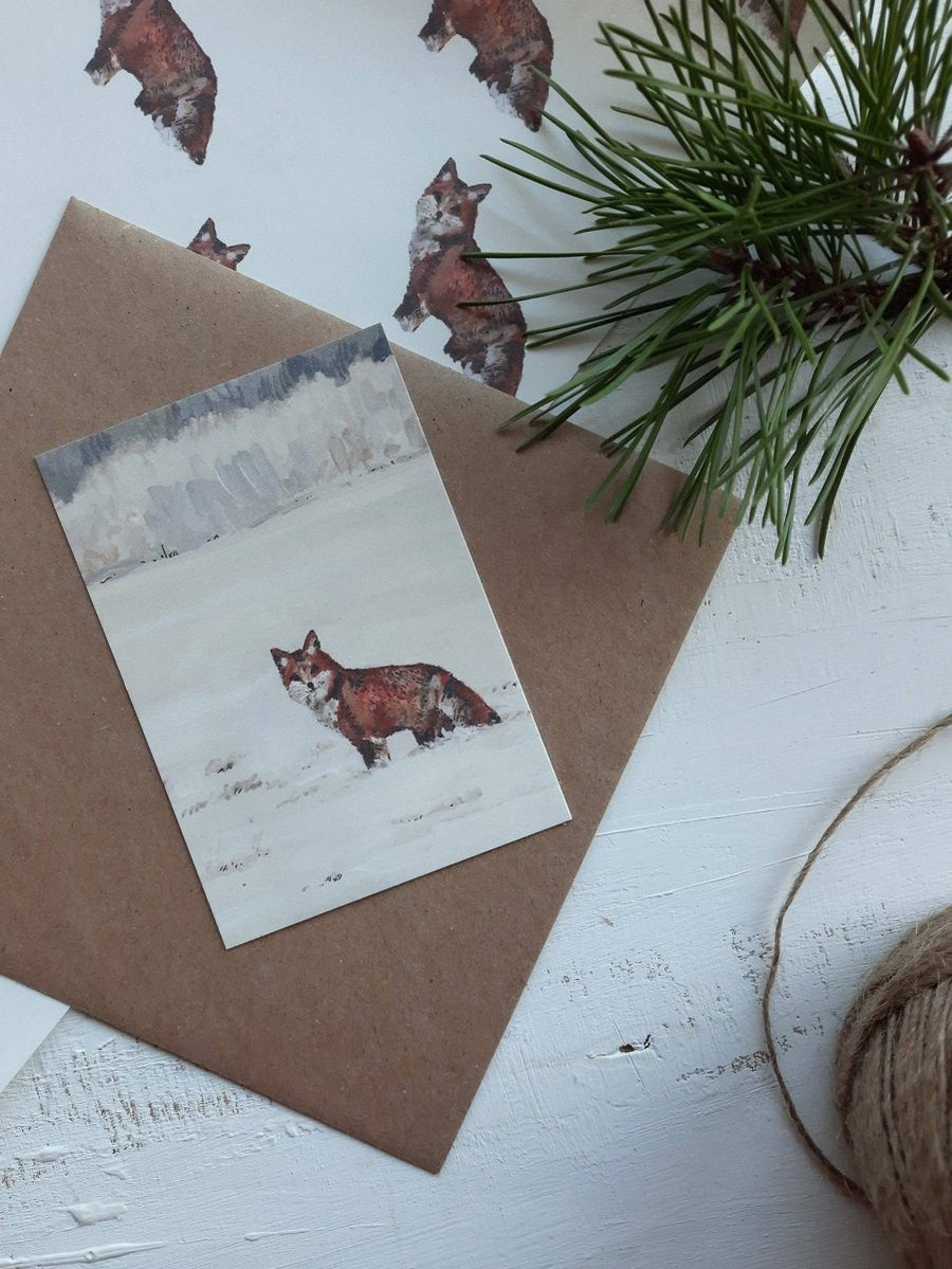 Kleine flache Karte „Fox In A Winter Landscape“ - The Baltic Shop