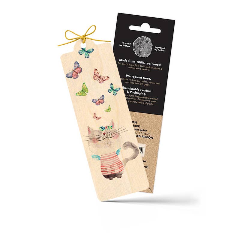 Lesezeichen aus Holz mit Katze und Schmetterlingen - The Baltic Shop
