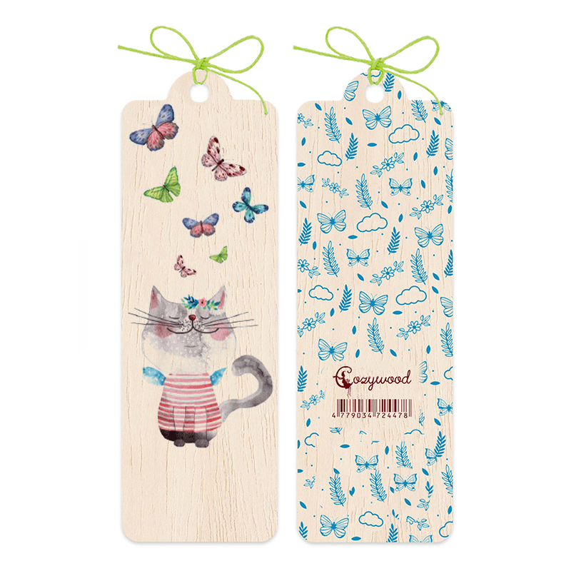 Lesezeichen aus Holz mit Katze und Schmetterlingen - The Baltic Shop