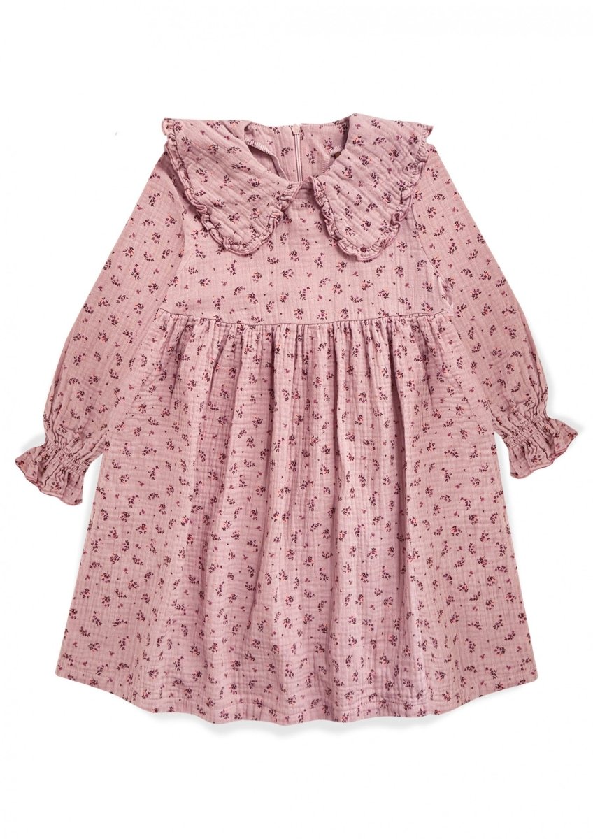Muslin - Kleid mit Kragen und Rüschenärmeln in Rosa Blumenprint für Kinder - The Baltic Shop