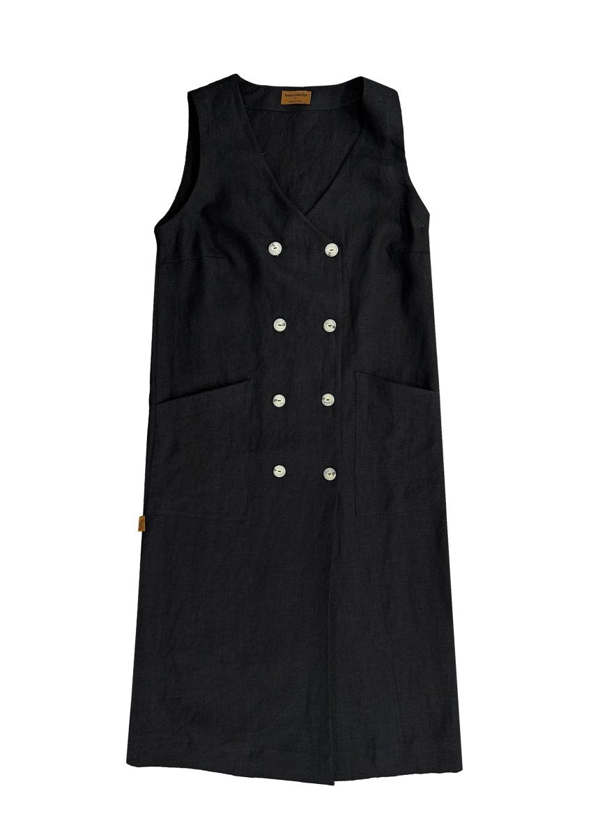 Schwarzes Leinenkleid ohne Ärmel und mit Knöpfe - The Baltic Shop