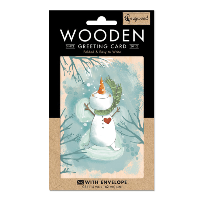 Weihnachtskarte aus Holz - glücklicher Schneemann - The Baltic Shop